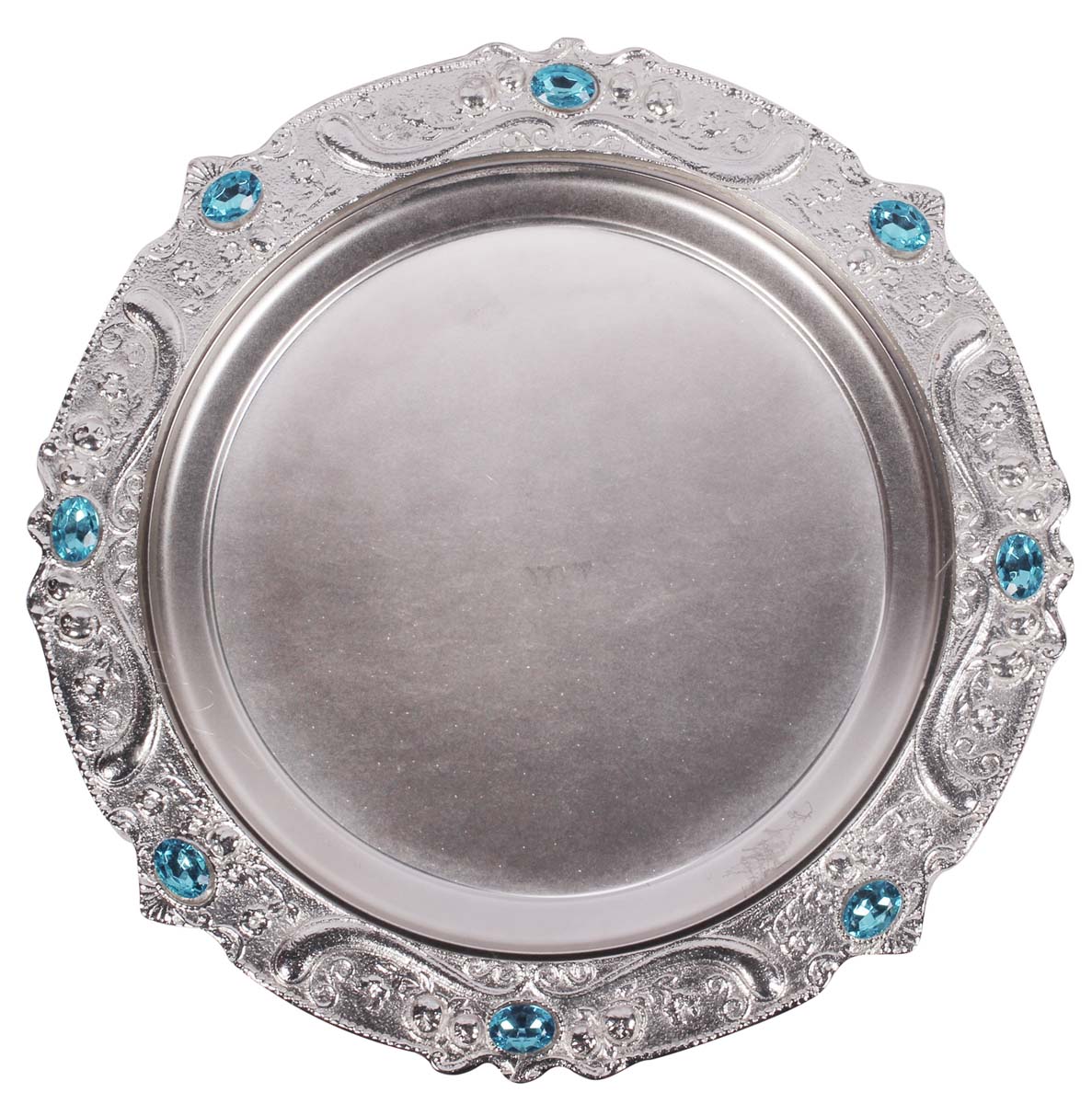 Buy in Bulk Wholesale Decorative Tray - 16” Round Metal Silver Color - Hand-Etched Serving Tray with Decorative Blue Stone-Work - Home Decor/Kitchen Essentials